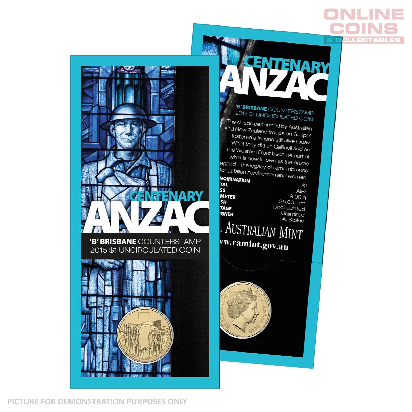 2015 $1 B counterstamp Uncirculated Carded Coin - Anzac